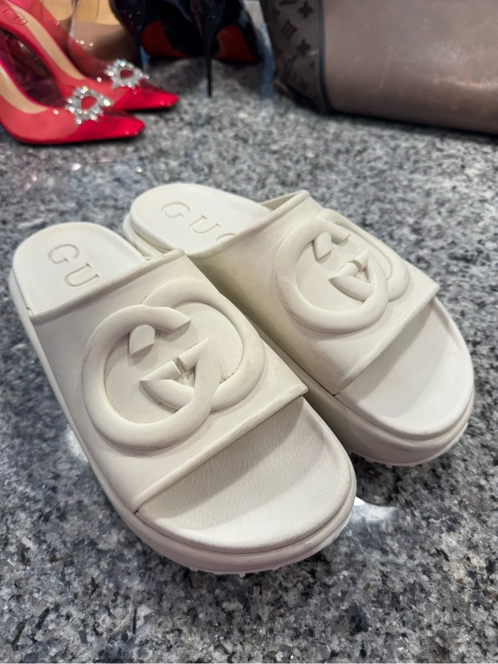 Gucci Cream Rubber Interlocking GG Slide Sandals - Size 41